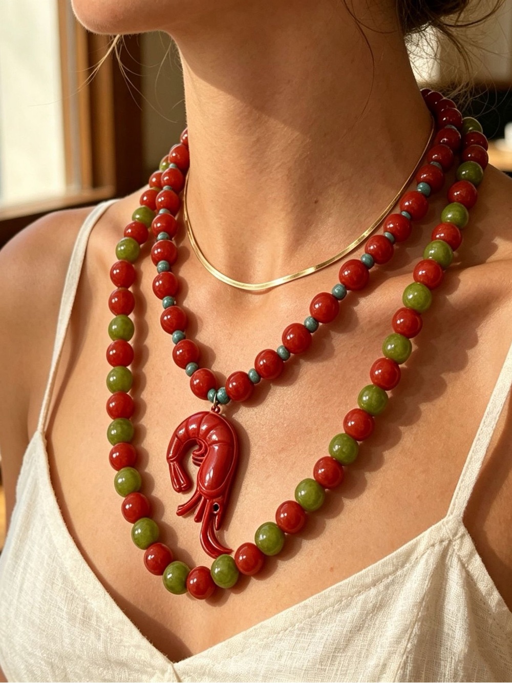 3-Piece Layered Necklace Beaded Necklace Set with Shrimp Pendant